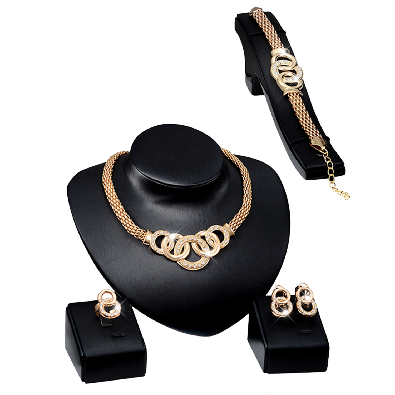 Women Lady Wedding Party Rhinestones Necklace Earrings Ring Bracelet Jewelry Set
