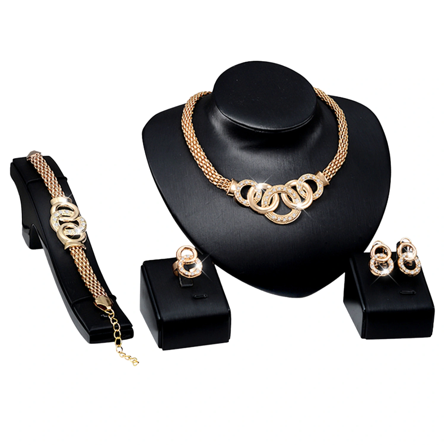 Women Lady Wedding Party Rhinestones Necklace Earrings Ring Bracelet Jewelry Set