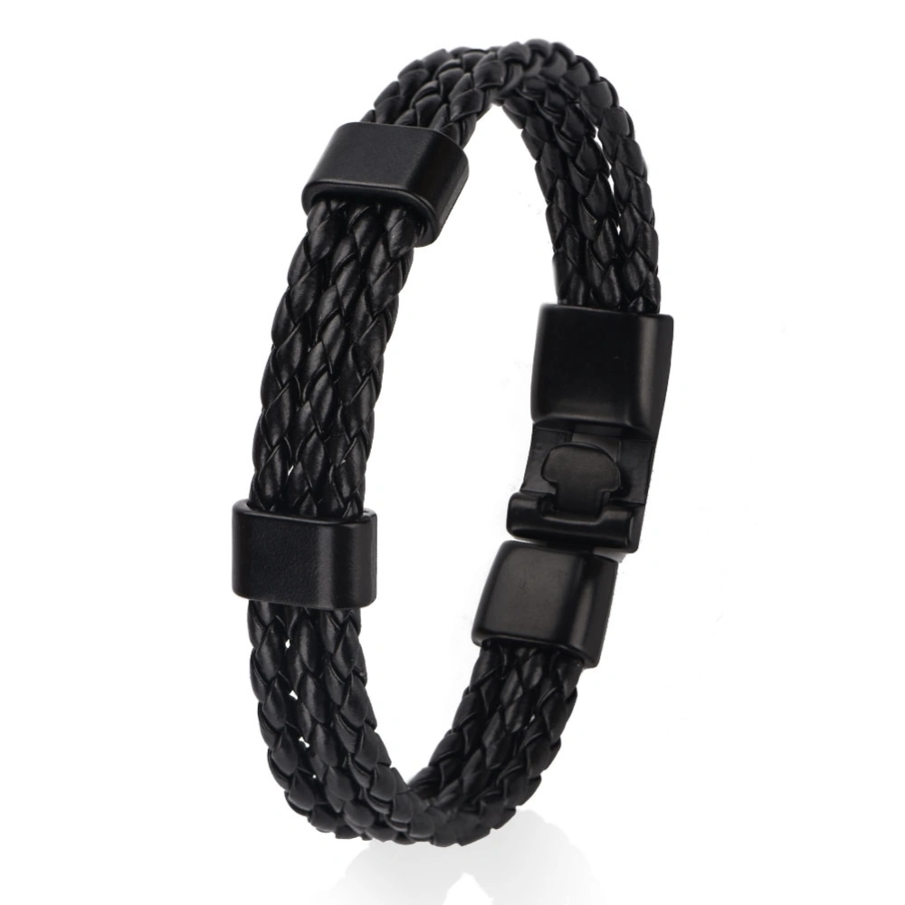 Men Male PU Strap Alloy Buckle Knitting Knitted Multilayer Bracelet Wristband (Black)