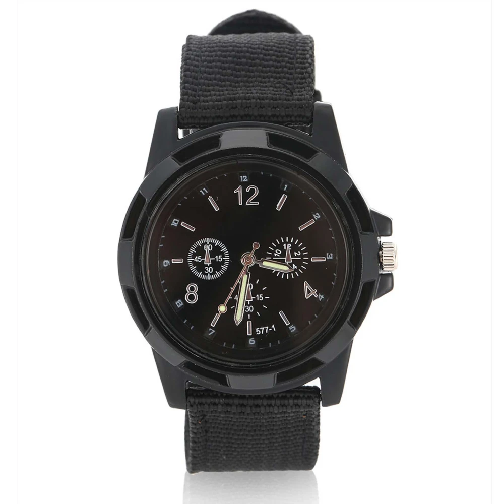 Electronic Analog Wrist Watch Round Nylon Strap Military Wristwatch (Black)