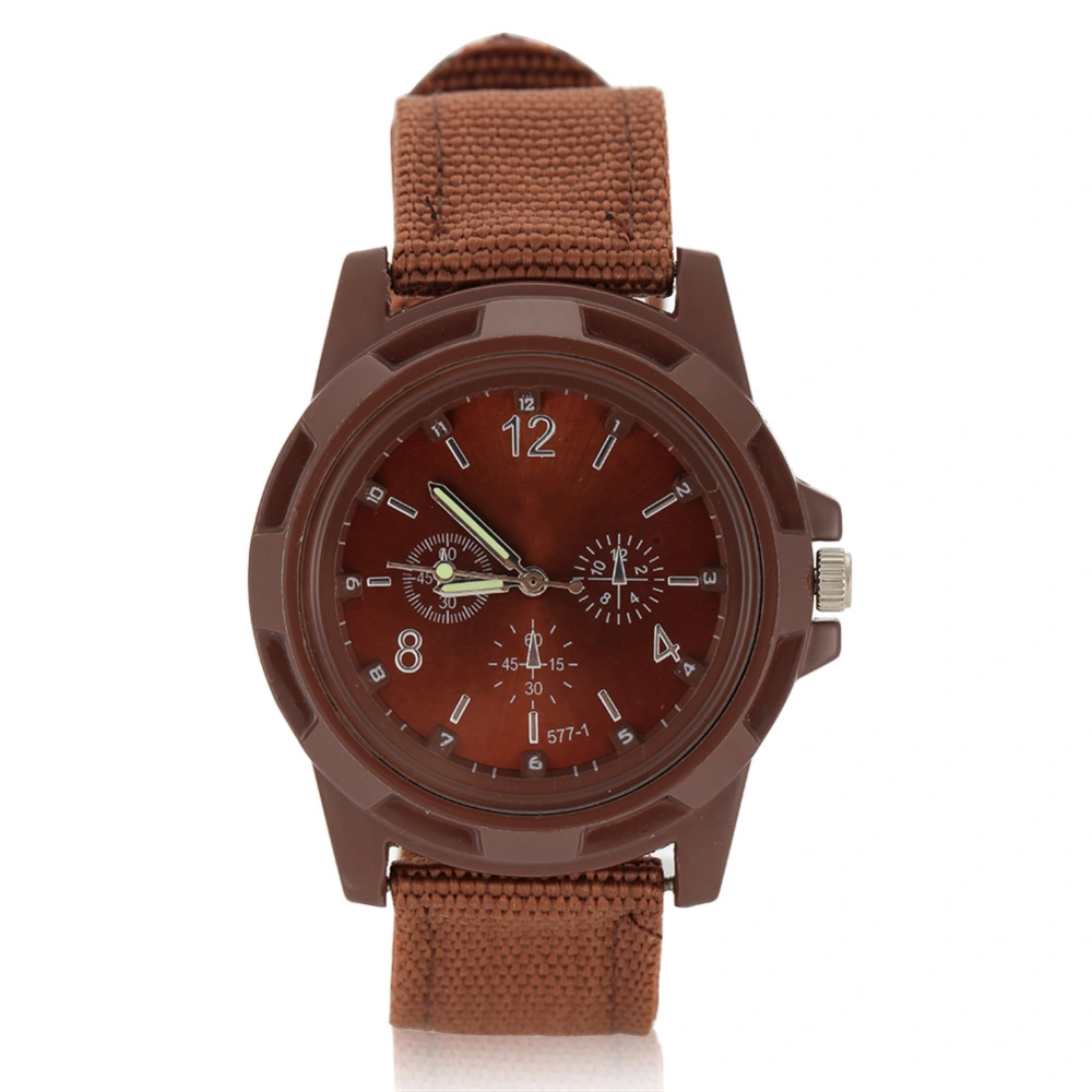 Electronic Analog Wrist Watch Round Nylon Strap Military Wristwatch (Coffee)