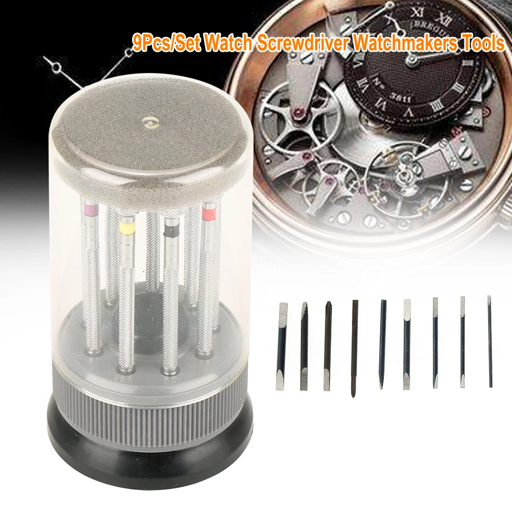9Pcs/Set Watch Slotted Screwdriver Set Repair Watchmakers Tools with Swivel Base Plate