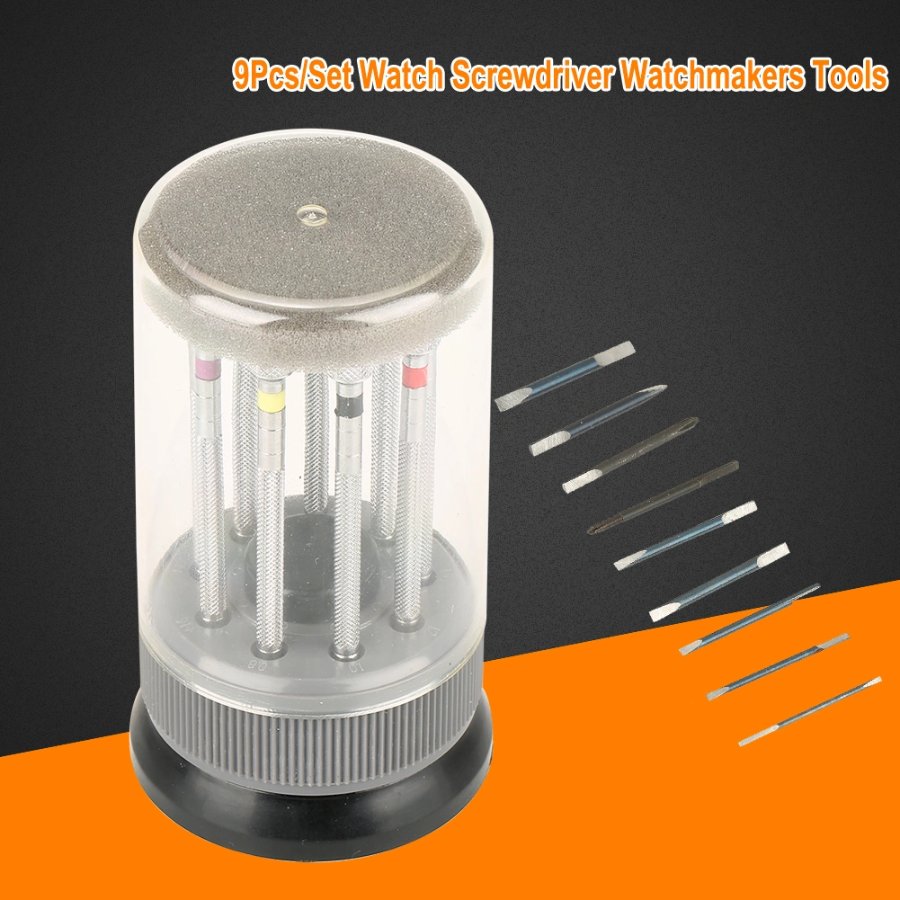 9Pcs/Set Watch Slotted Screwdriver Set Repair Watchmakers Tools with Swivel Base Plate