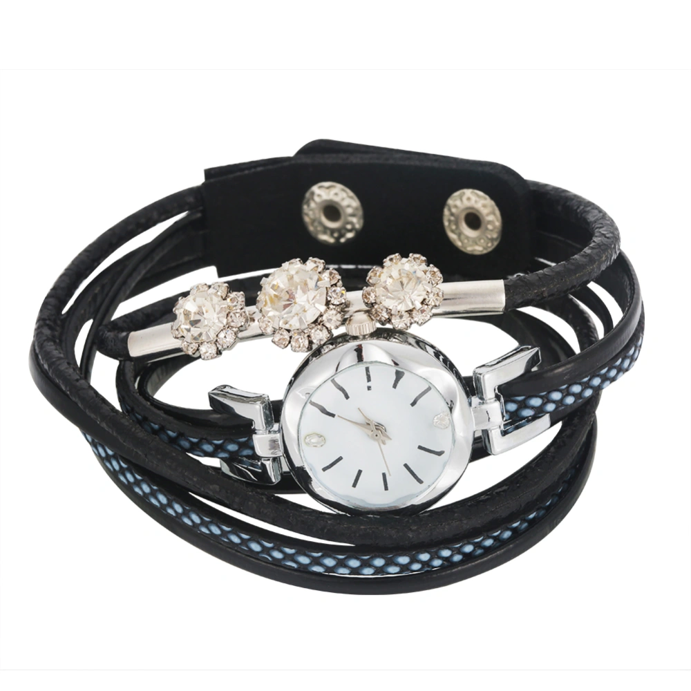 Women Rhinestone PU Strap Round Dial Quartz Bracelet Watch Wristwatch (Black)