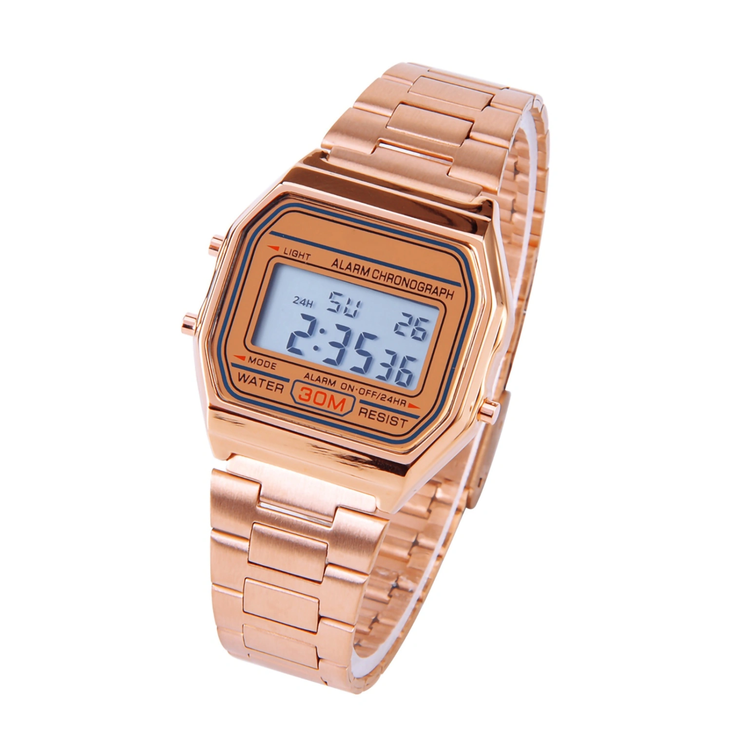 Digital LED Back Light Electronic Stainless Steel Strap Watch Rectangle Wristwatch (Rose Gold)