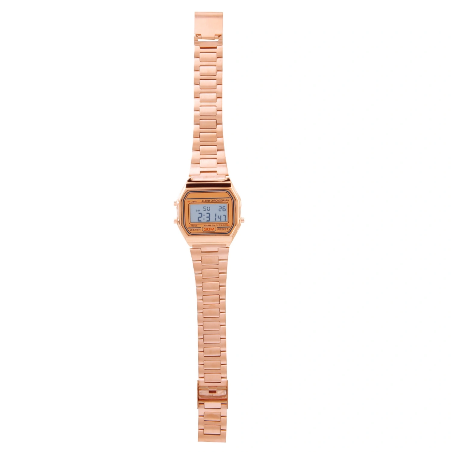 Digital LED Back Light Electronic Stainless Steel Strap Watch Rectangle Wristwatch (Rose Gold)