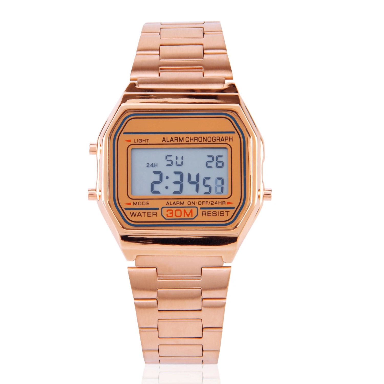 Digital LED Back Light Electronic Stainless Steel Strap Watch Rectangle Wristwatch (Rose Gold)