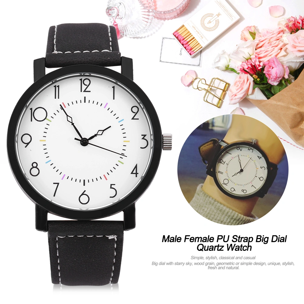 Female Male Quartz Wrist Watch Round PU Strap Big Dial Wristwatch (Simple Dial)