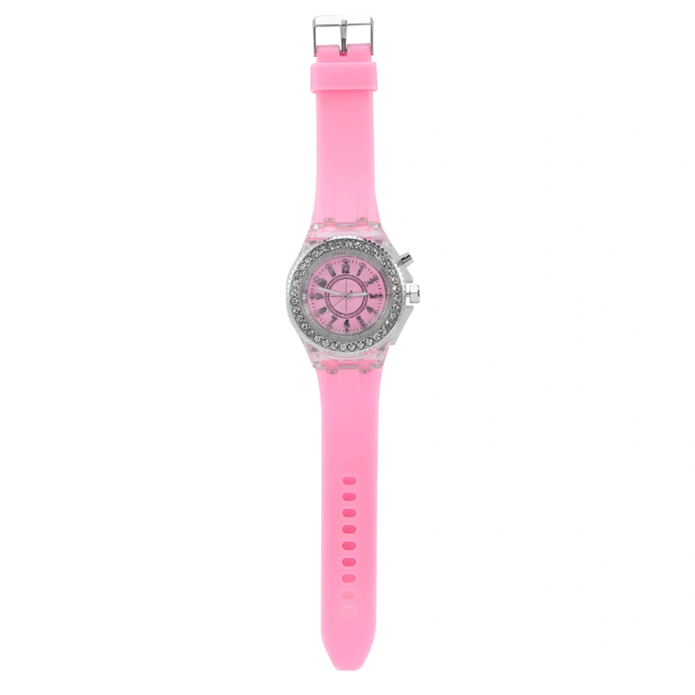 Female Children LED Back Light Quartz Round Watch Silicone Strap Wristwatch (Pink)