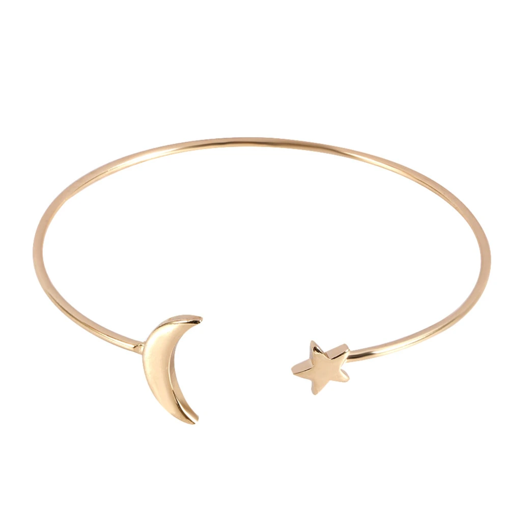 Female Open Bracelet Copper Plating Wristband Bangle with Moon Star Decoration (Gold)