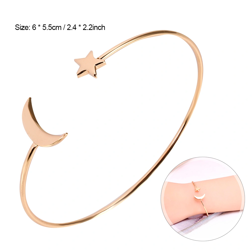 Female Open Bracelet Copper Plating Wristband Bangle with Moon Star Decoration (Gold)