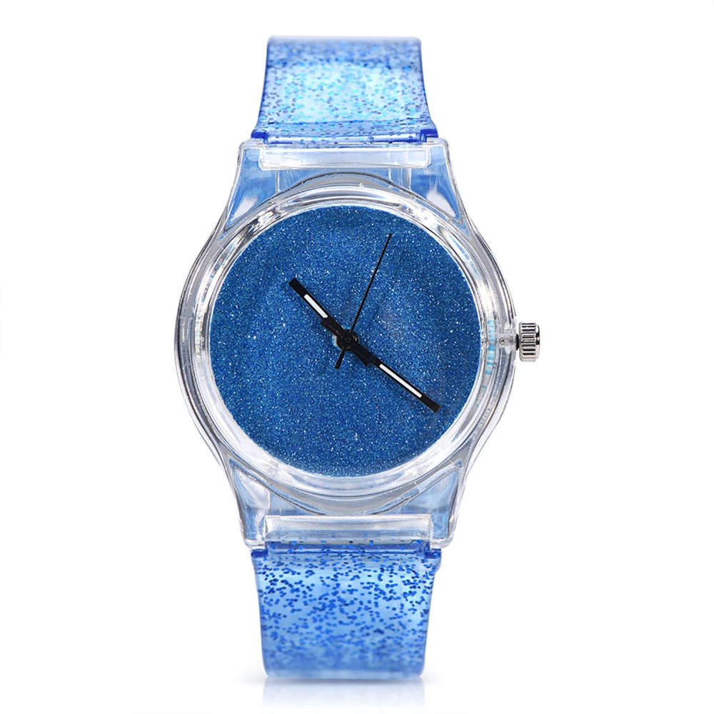 Female Quartz Wrist Watch Round Plastic Strap Glitter Powder Wristwatch (Blue)