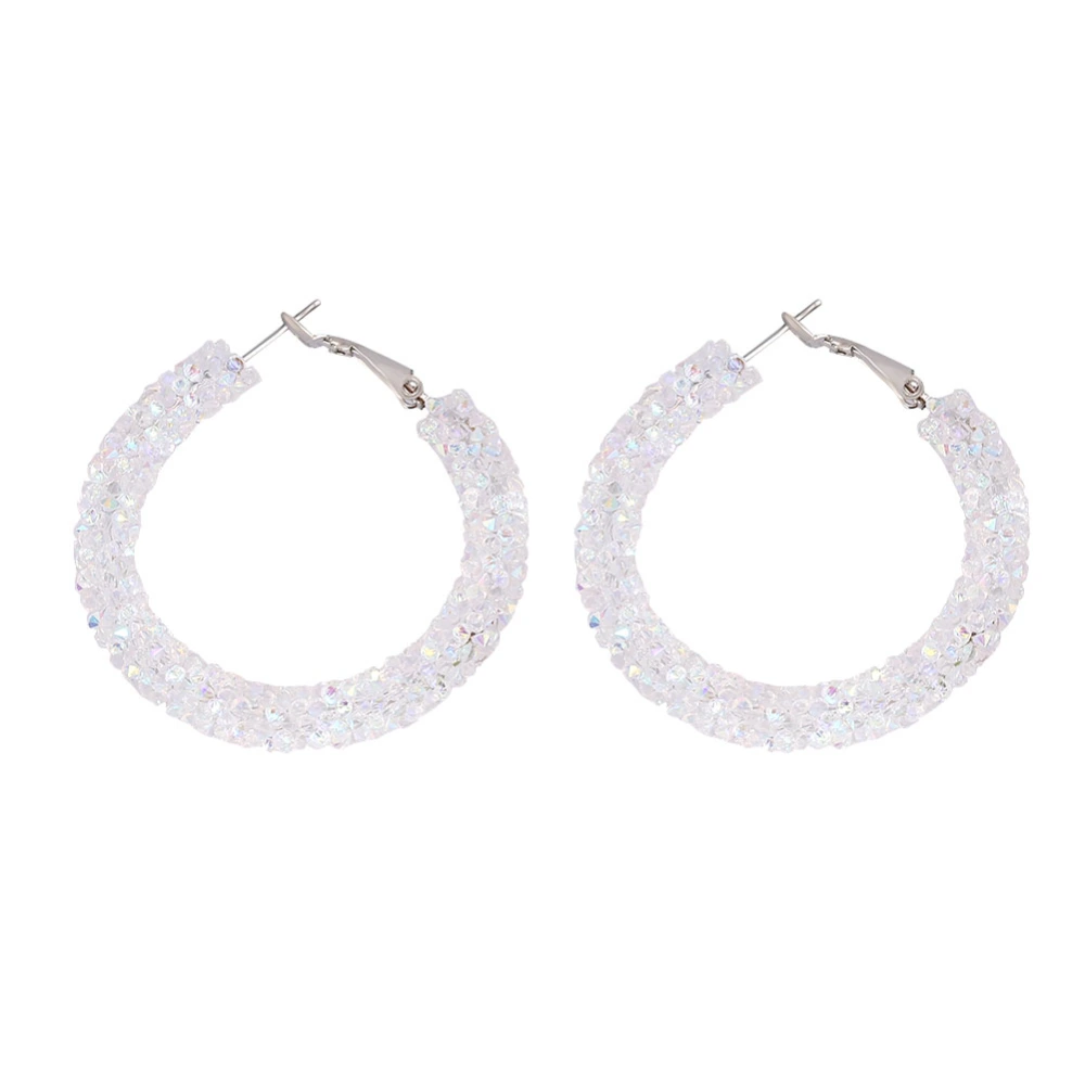 1Pairs/Set Women Big Hoop Earrings Large Loop Ear Rings with Rhinestone Decoration (White)