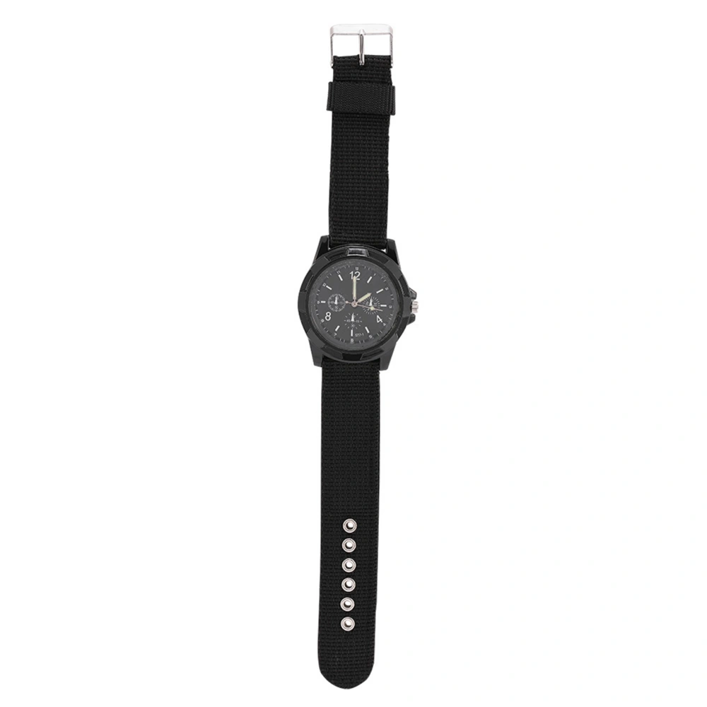 Electronic Analog Wrist Watch Round Nylon Strap Military Wristwatch (Black)