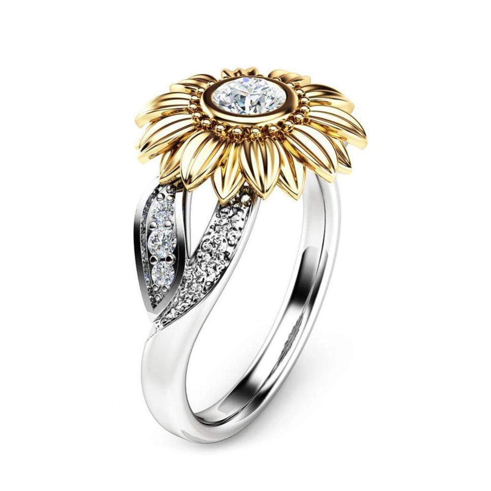 Fashionable Female Copper Engagement Round Sunflower Ring with Zircon Decoration 6#