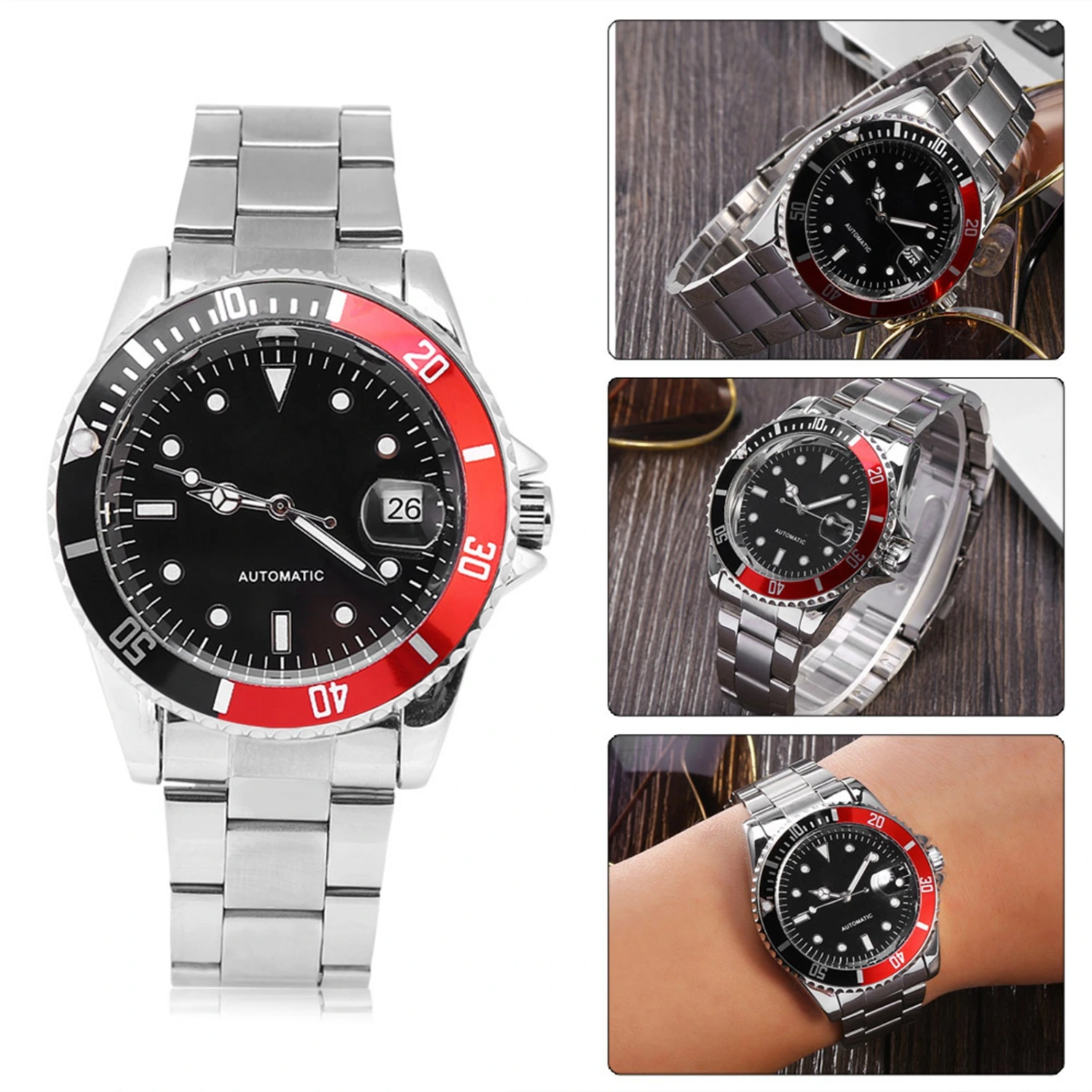 Winner Male Automatic Mechanical Watch Stainless Steel Band Wristwatch Red & Black