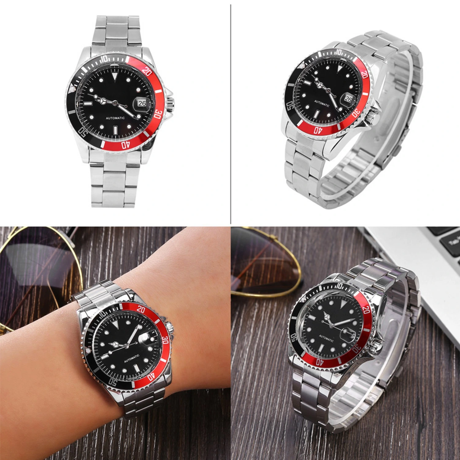 Winner Male Automatic Mechanical Watch Stainless Steel Band Wristwatch Red & Black