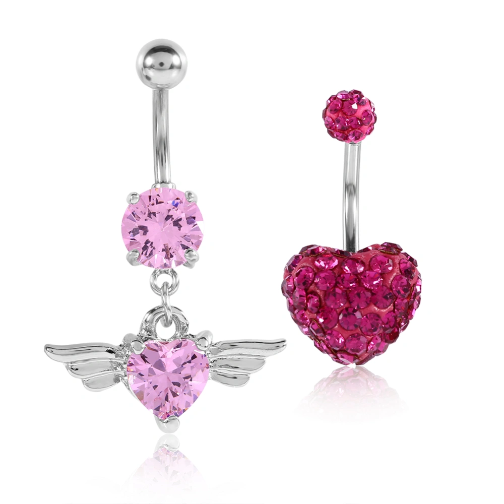 2pcs/set Rhinestone Belly Navel Ring Barbell Stainless Steel Piercing Jewelry (Pink)