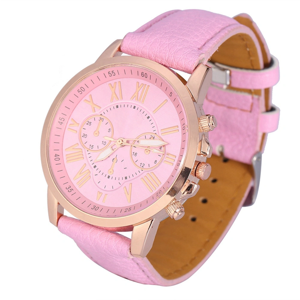 Fashion Lady PU Leather Band Analog Quartz Round Numeral Watch Casual Wristwatch Pink