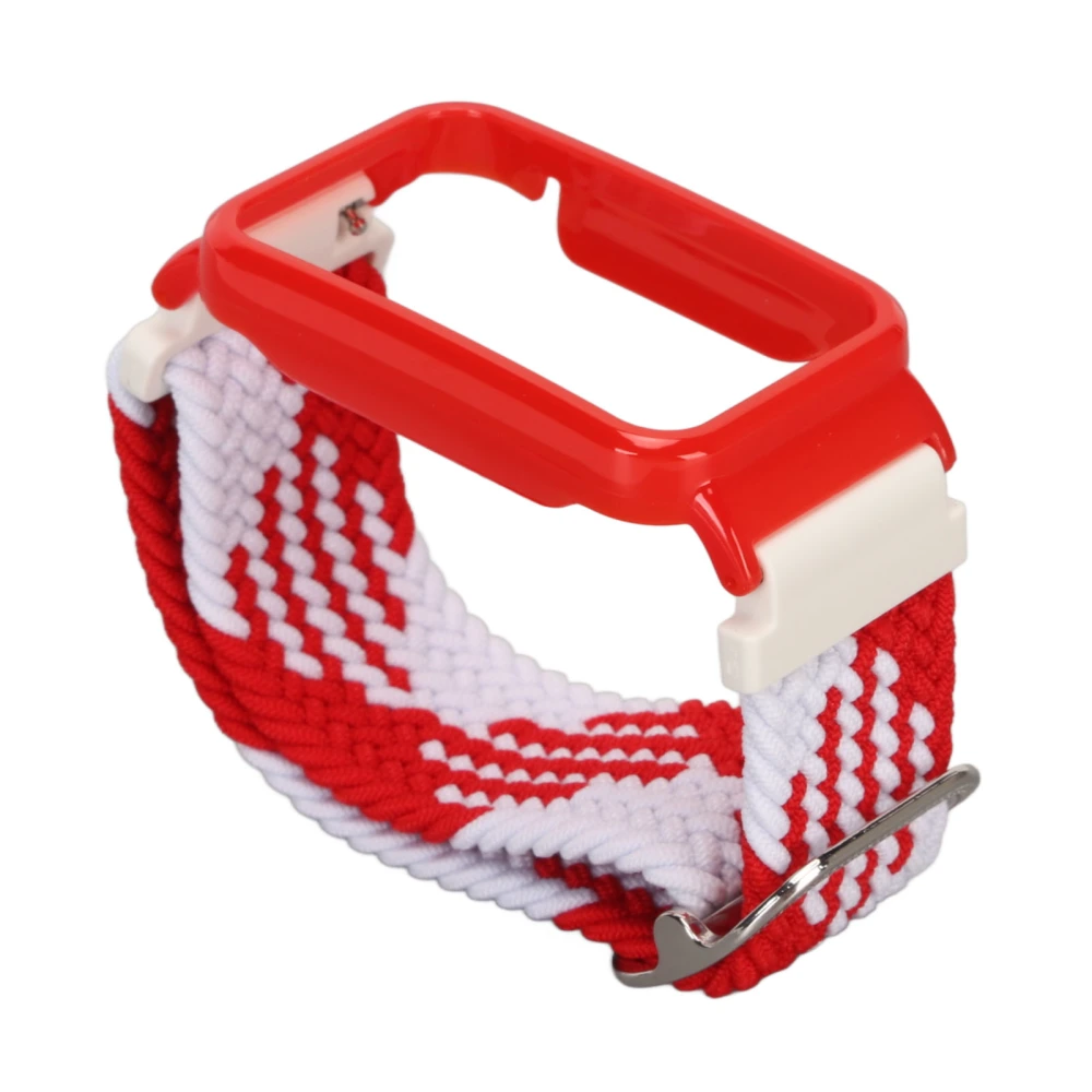 Stretch Nylon Braided Watch Strap Band with Protective Bumper Case Accessory Fit for Mi Band 7 Pro Red White and Red Case