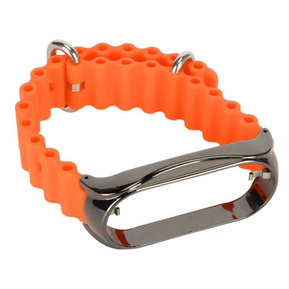 Silicone Watch Strap Band with Stainless Steel Protective Bumper Case Accessory Fit for Mi Band 7 Orange