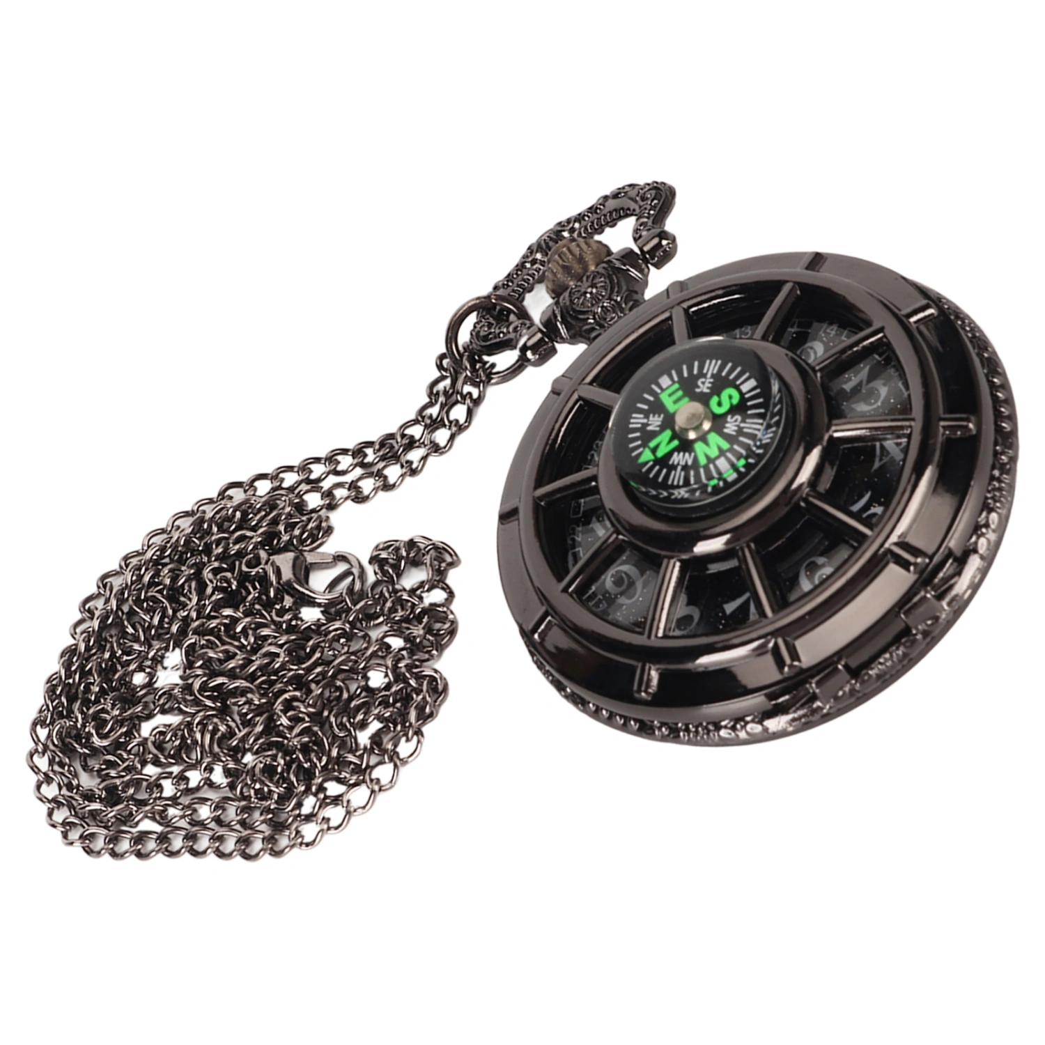 Vintage Pocket Watch Quartz Movement Hollow Out Dial Compass Men Pocket Watch with Chain Black