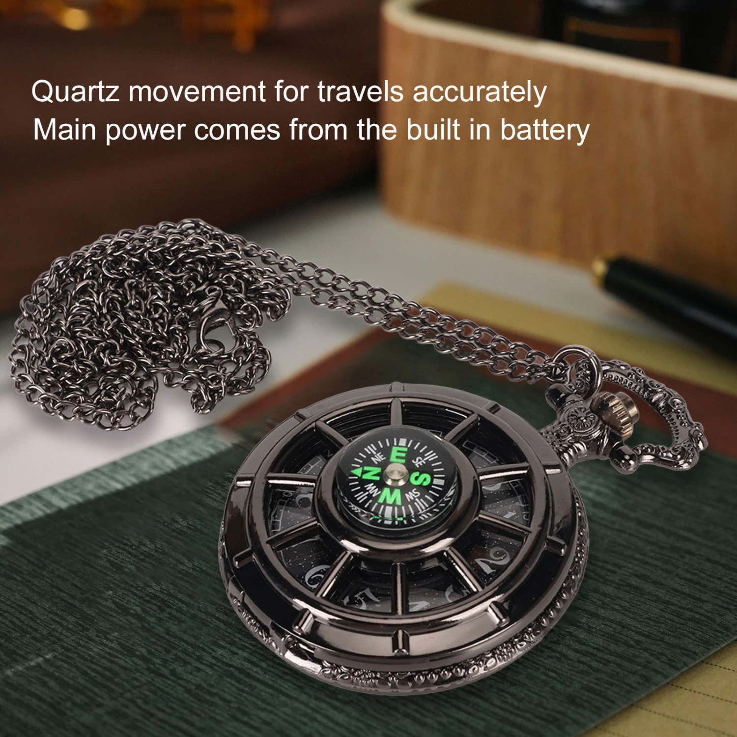 Vintage Pocket Watch Quartz Movement Hollow Out Dial Compass Men Pocket Watch with Chain Black