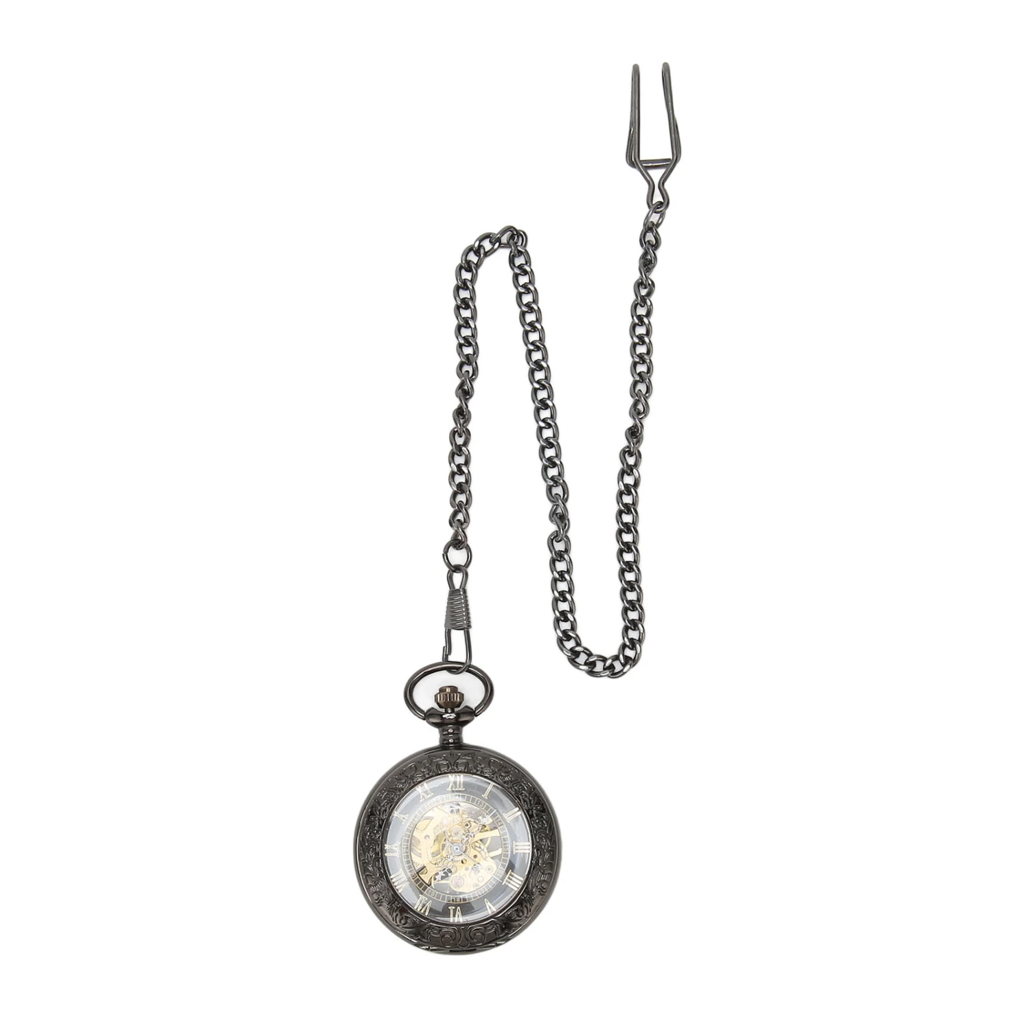 Mechanical Pocket Watch Vintage Double Case Watch Hand Wind Skeleton Pocketwatch with Chain