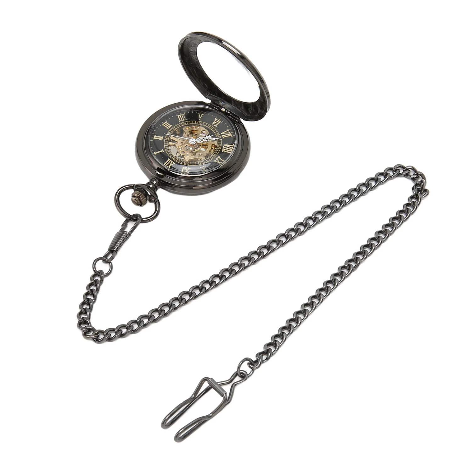 Mechanical Pocket Watch Vintage Double Case Watch Hand Wind Skeleton Pocketwatch with Chain