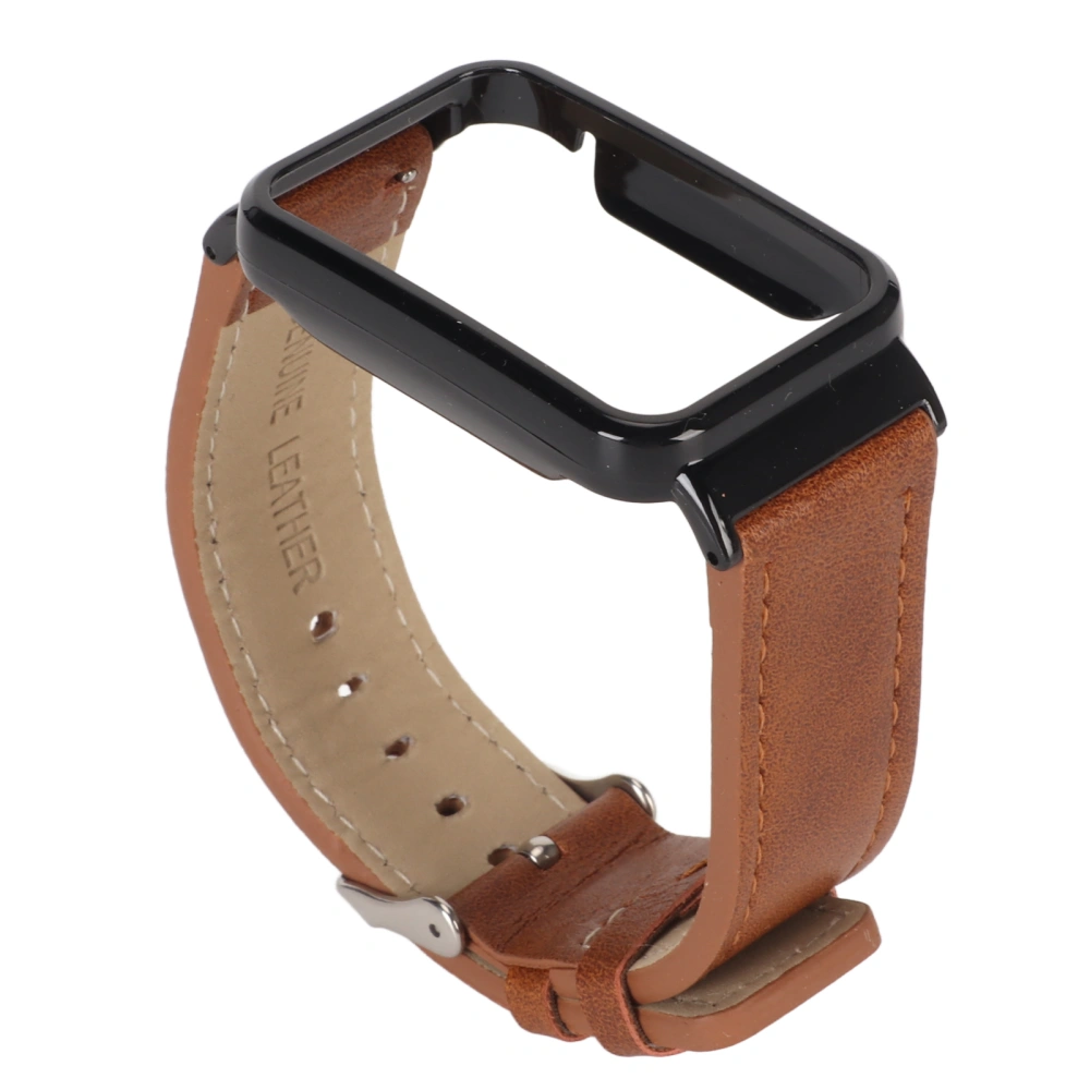 PU Leather Watch Band Waterproof Replacement Watch Wristband with Black Stainless Steel Case for Mi Band 7 Pro Brown