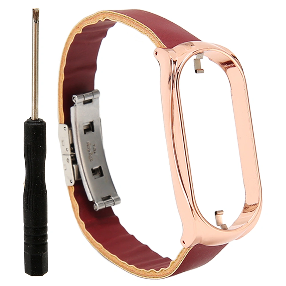 Stainless Steel PU Leather Strap with Bumper Case Smart Watch Replacement Accessory Fit for Mi Band 7 Brown and Gold