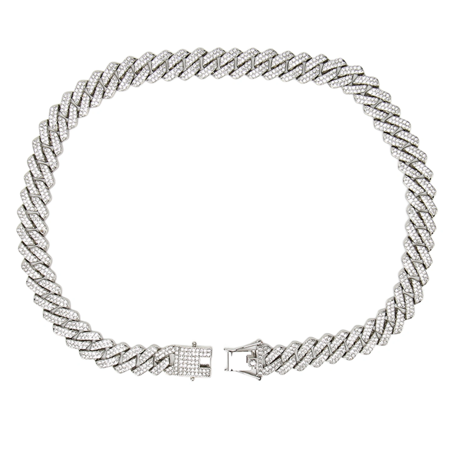 19.7in Necklace Rhombus Full Rhinestones Cool Double Layered Chain Necklace for Men Women Silver