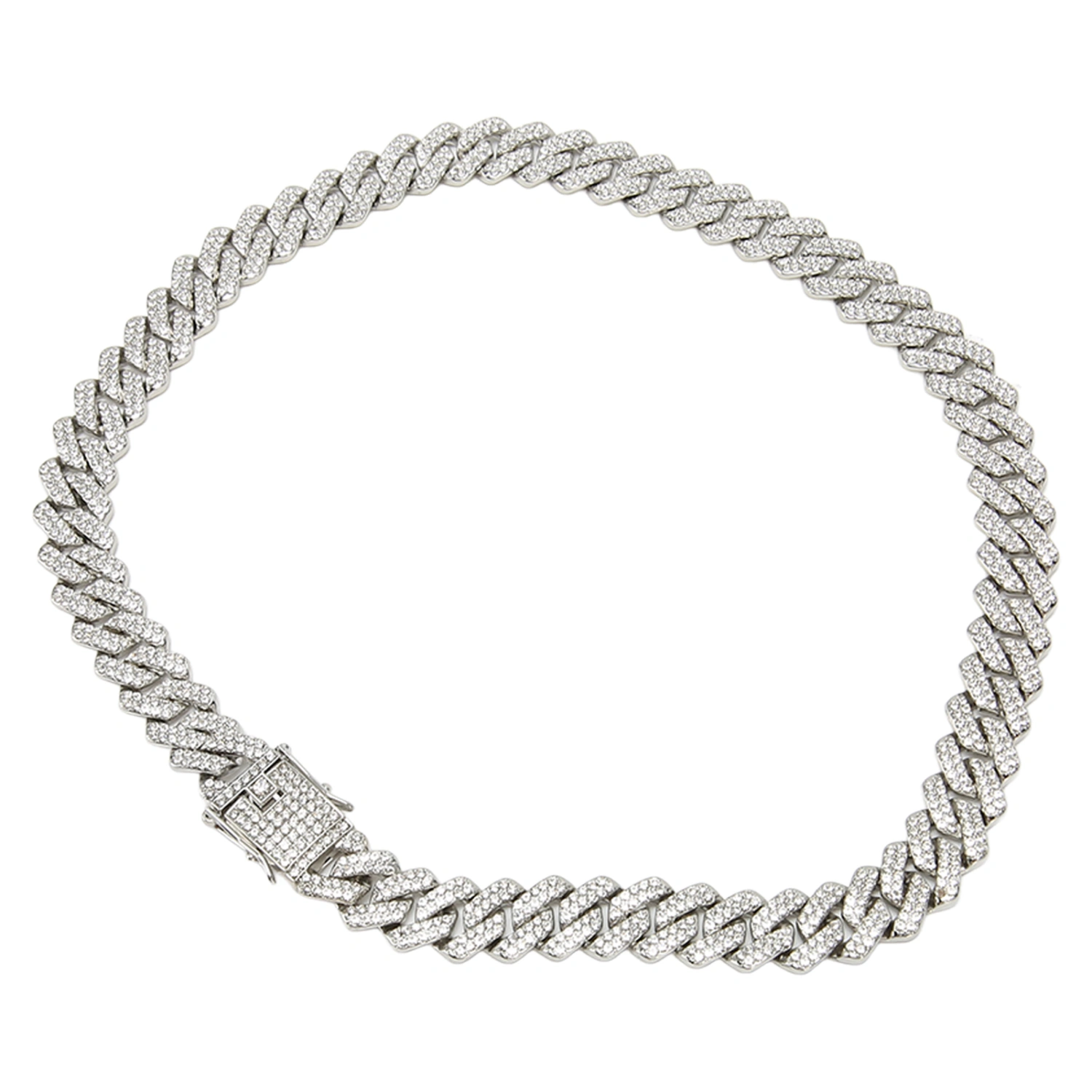 19.7in Necklace Rhombus Full Rhinestones Cool Double Layered Chain Necklace for Men Women Silver