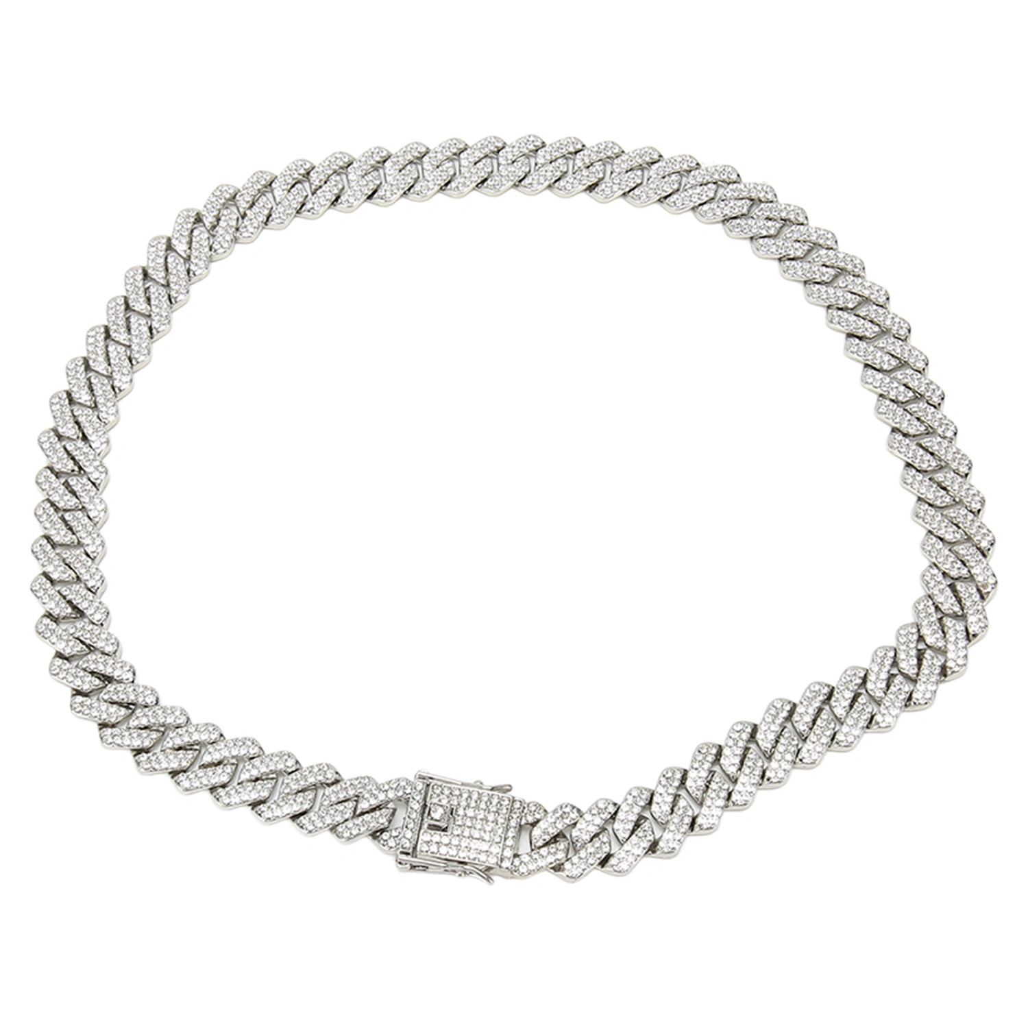 19.7in Necklace Rhombus Full Rhinestones Cool Double Layered Chain Necklace for Men Women Silver