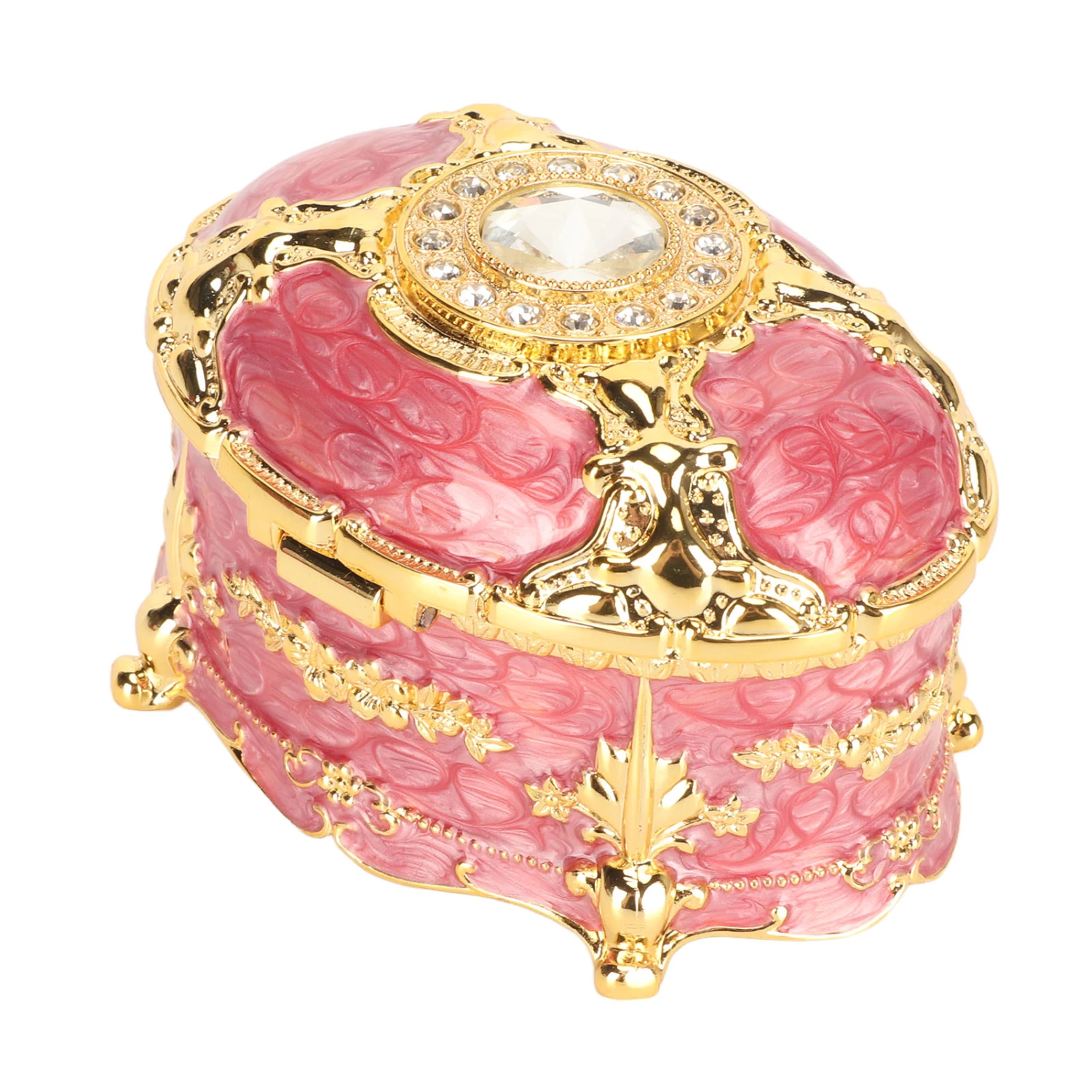 Rhinestone Jewelry Box Organizer Zinc Alloy Engraved Vintage Decorative Trinket Box for Women Pink
