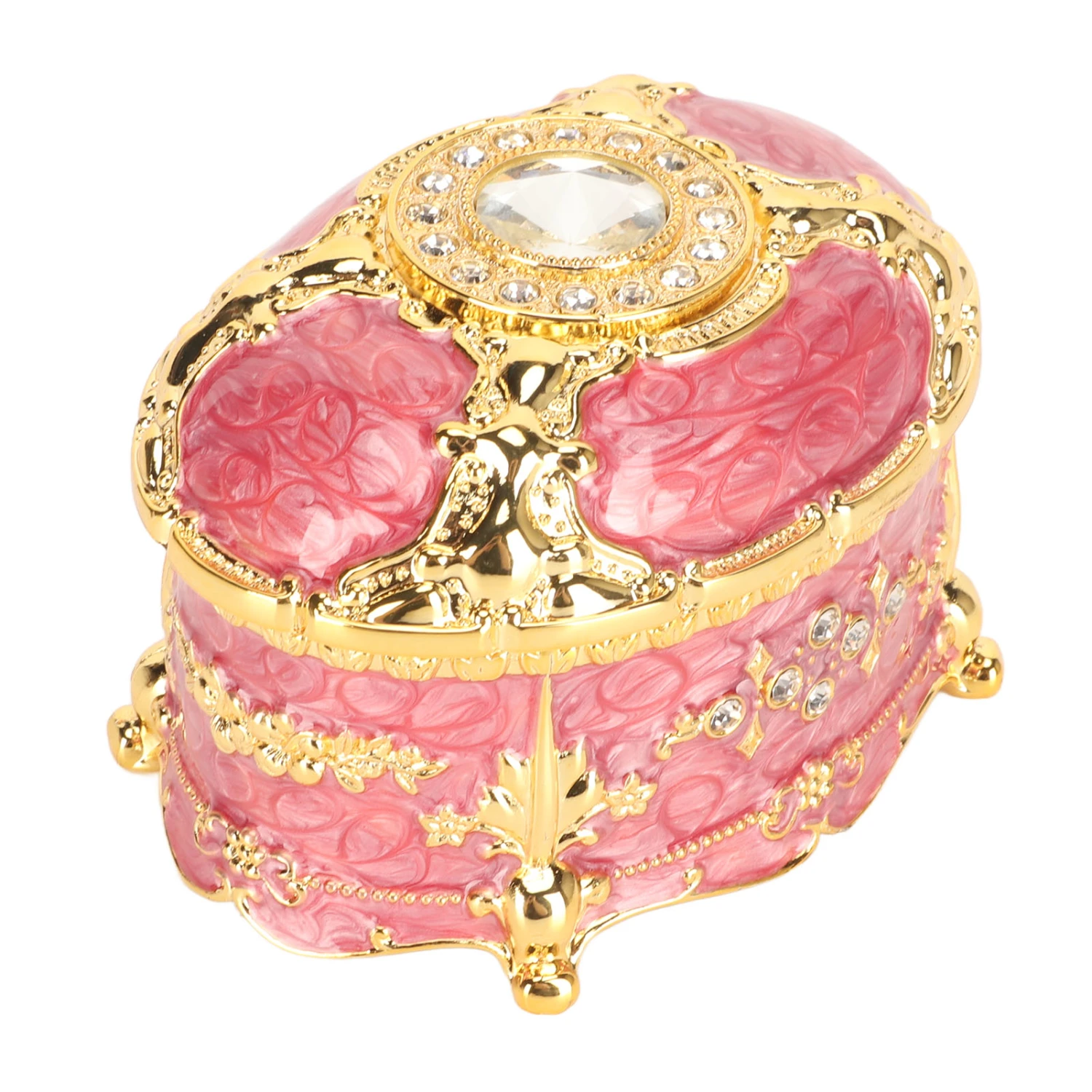 Rhinestone Jewelry Box Organizer Zinc Alloy Engraved Vintage Decorative Trinket Box for Women Pink