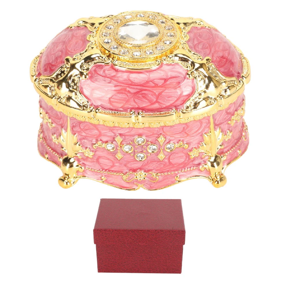 Rhinestone Jewelry Box Organizer Zinc Alloy Engraved Vintage Decorative Trinket Box for Women Pink