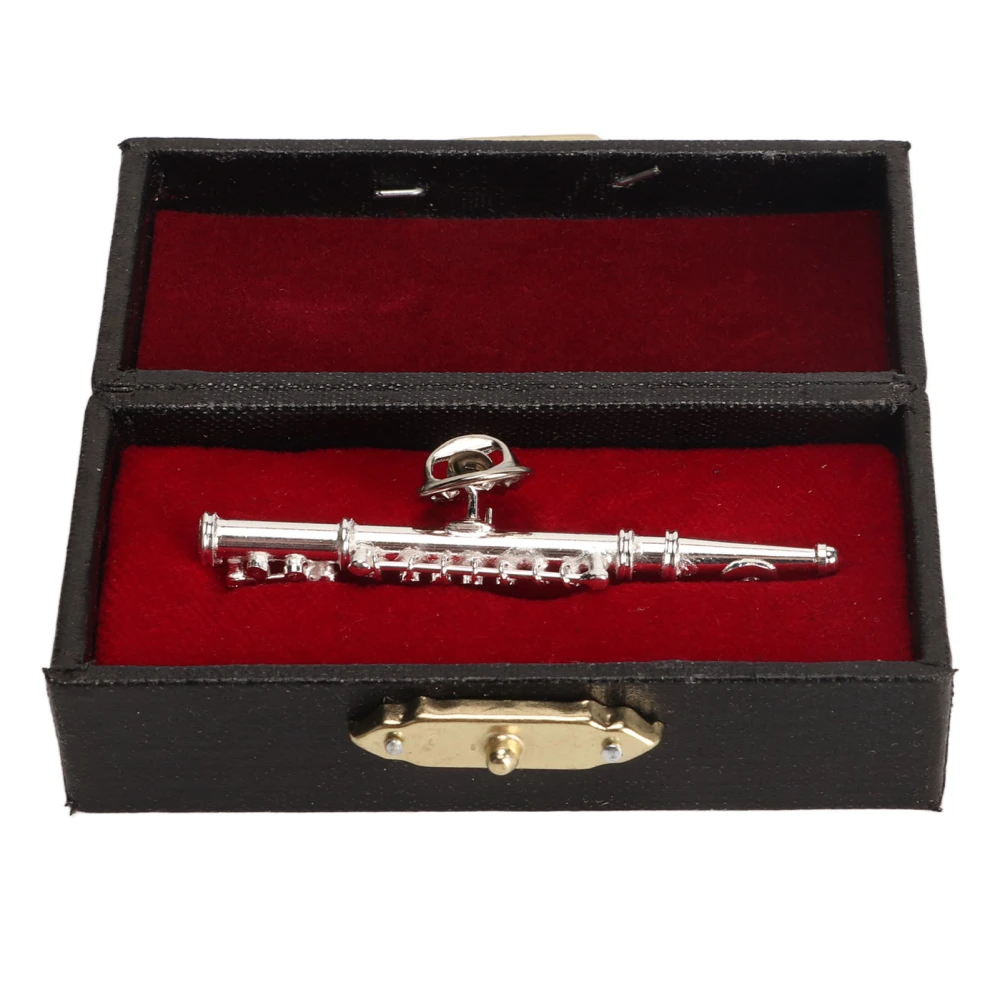 Silver Flute Brooch Miniature Musical Instrument Lapel Brooch Pin with Red Velvet Lined Instrument Case