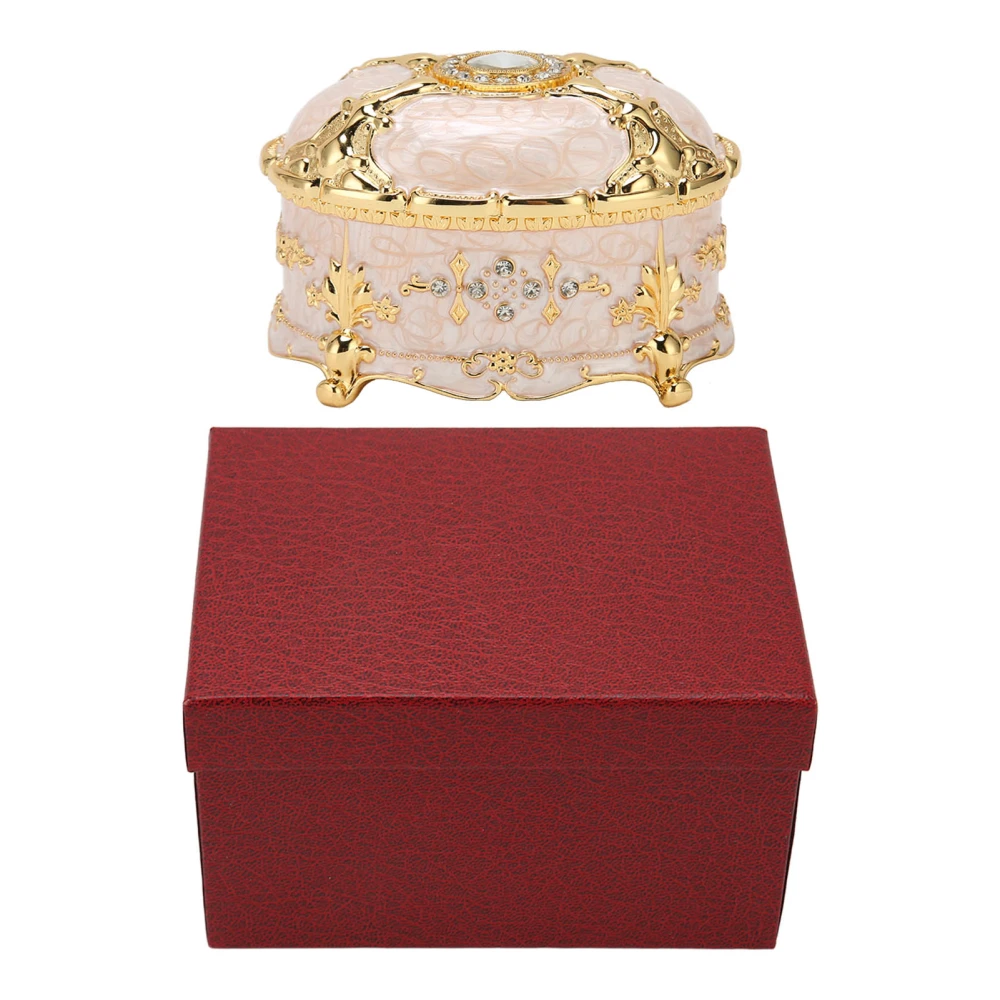 Vintage Oval Jewelry Box Retro Alloy Antique Enamel Gold Trim Rhinestone Trinket Storage Box Case White