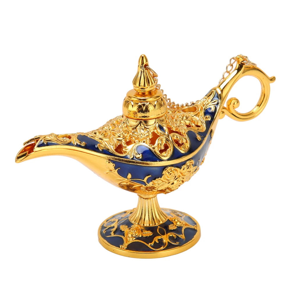 Genie Lamp Vintage Decoration Collectable Rare Small Zinc Alloy Legend Genie Light Gold Sapphire Blue