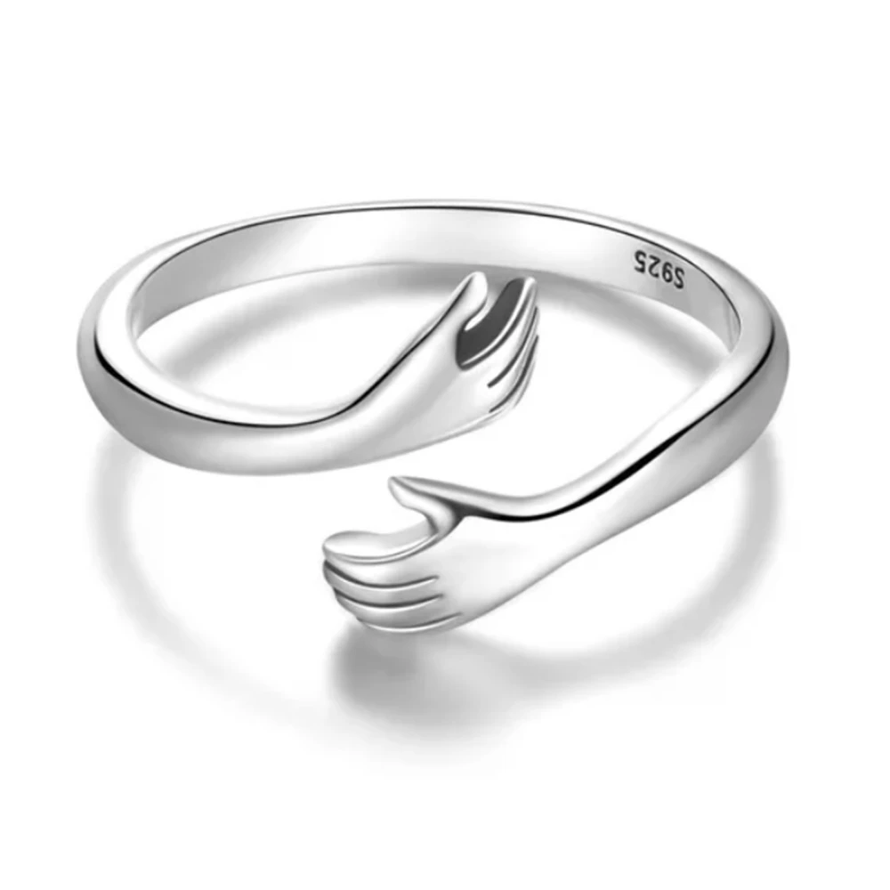 925 Silver Hug Ring Fashionable Versatile Adjustable Hugging Hands Open Ring for Daughter Mom Sister Wife Friend Grandma White Gold