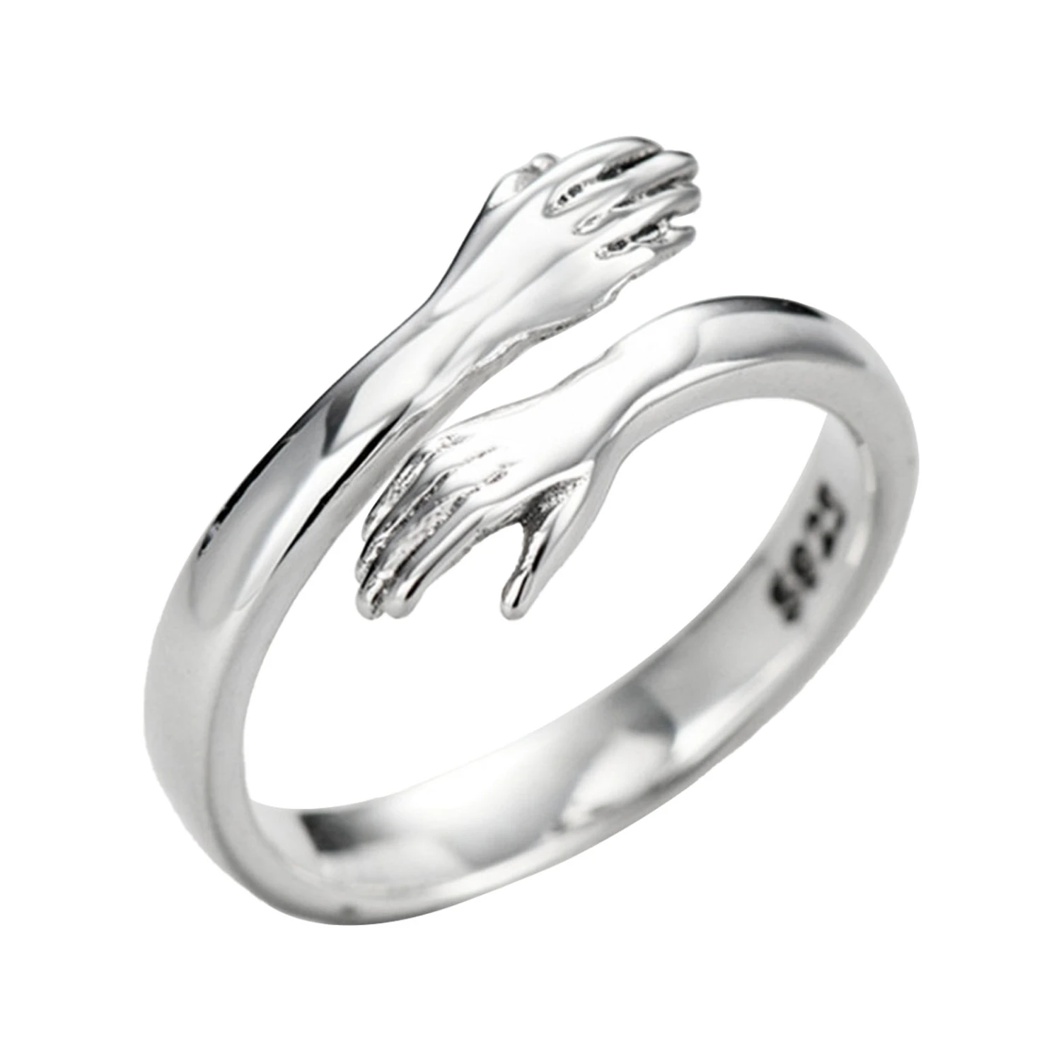 925 Silver Hug Ring Fashionable Versatile Adjustable Hugging Hands Open Ring for Daughter Mom Sister Wife Friend Grandma White Gold