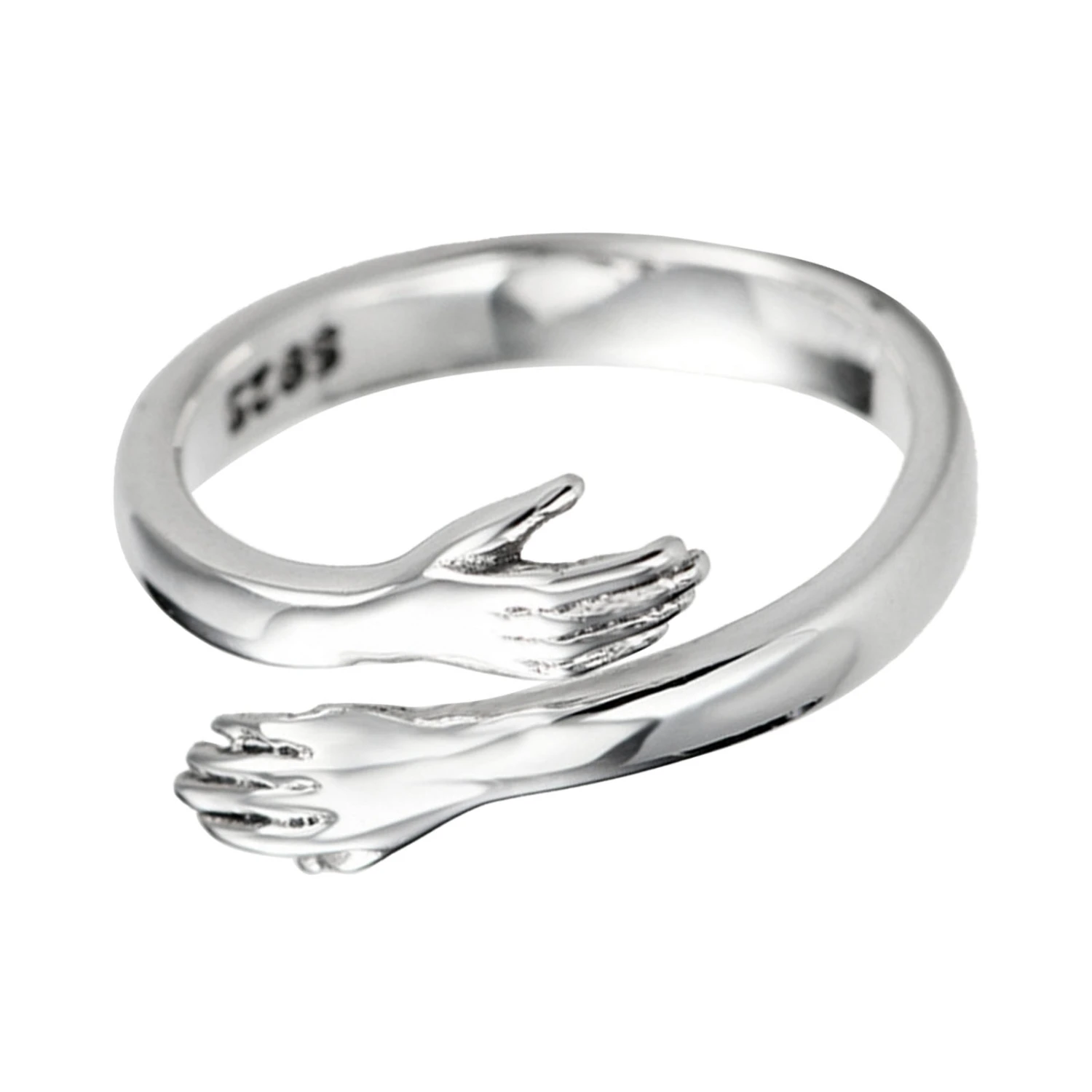 925 Silver Hug Ring Fashionable Versatile Adjustable Hugging Hands Open Ring for Daughter Mom Sister Wife Friend Grandma White Gold