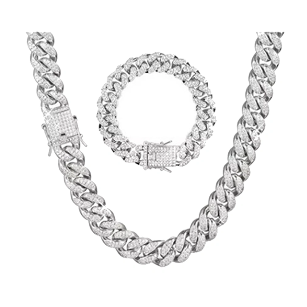 2Pcs Cuban Link Chain Rhinestone Necklace Bracelet Set Gift for Lover Anniversary Birthday Silver 50CM 20CM