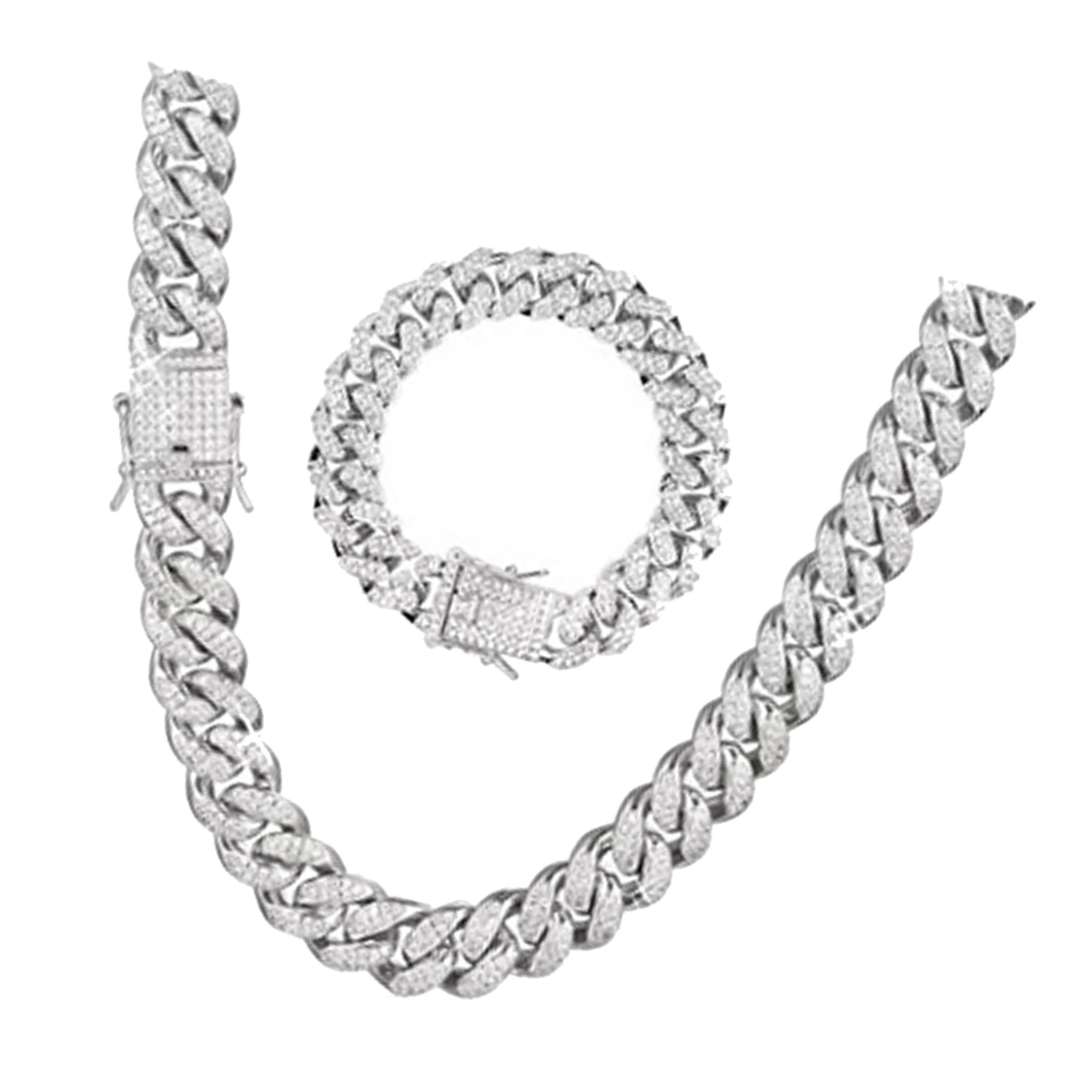 2Pcs Cuban Link Chain Rhinestone Necklace Bracelet Set Gift for Lover Anniversary Birthday Silver 50CM 20CM
