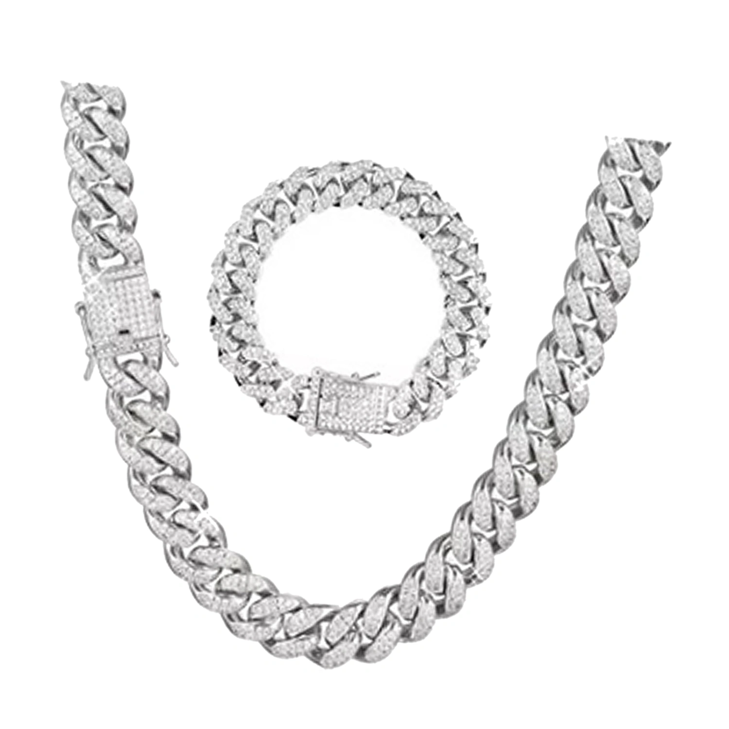2Pcs Cuban Link Chain Rhinestone Necklace Bracelet Set Gift for Lover Anniversary Birthday Silver 50CM 20CM