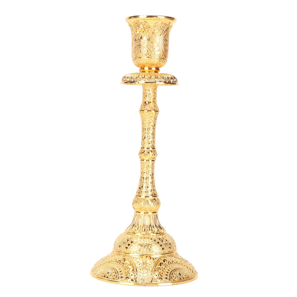 Gold Candlestick Holder Vintage Alloy Exquisite Carving Decor Metal Pillar Candlestick for Dining Table Centerpieces