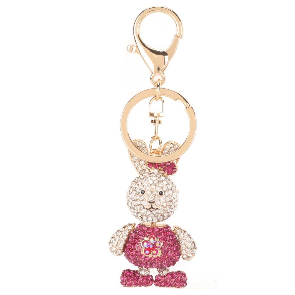 Rose Red Bunny Shaped Pendant Keychain Women Zinc Alloy Cute Rhinestone Key Ring Decor for Handbag Car