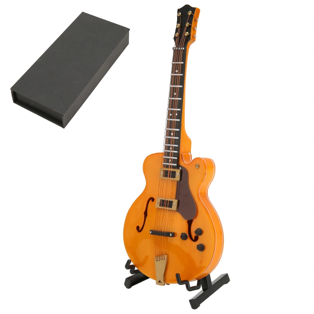 Wooden Miniature Gold Hollow Electric Guitar Model with Stand Mini Musical Instrument Model 7.1 Inch