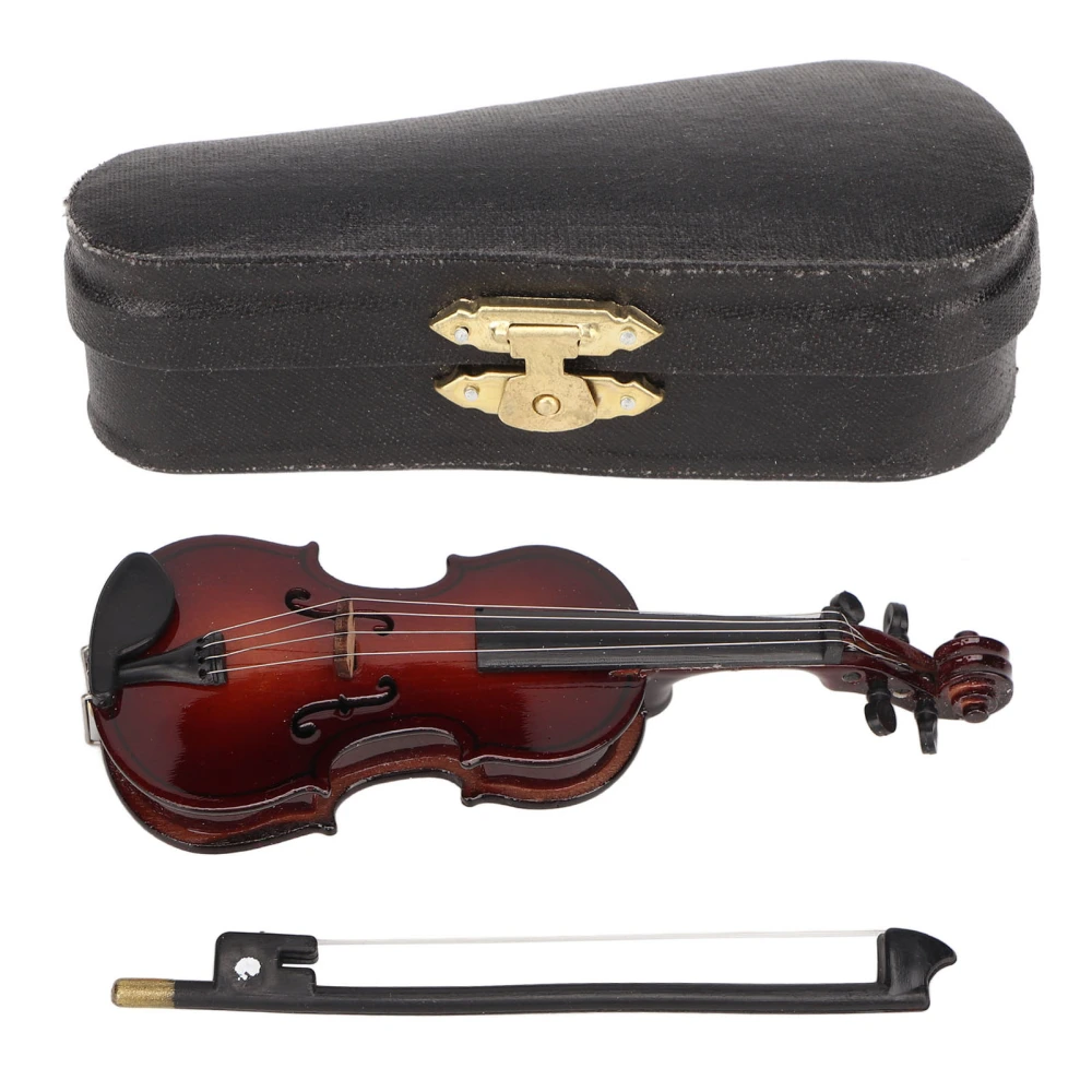 Wooden Miniature Violin with Stand Bow and Case Mini Musical Instrument Dollhouse Model Decoration 10cm